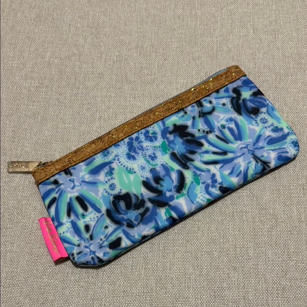 New Unused Lilly Pulitzer ZipTop Pouch-Blue/Green/Black-Cork Accent @ Zipper